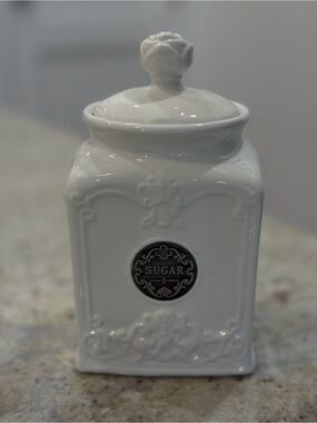 THL White Ceramic Sugar Canister Jar with Lid Embossed Floral Kitchen Storage